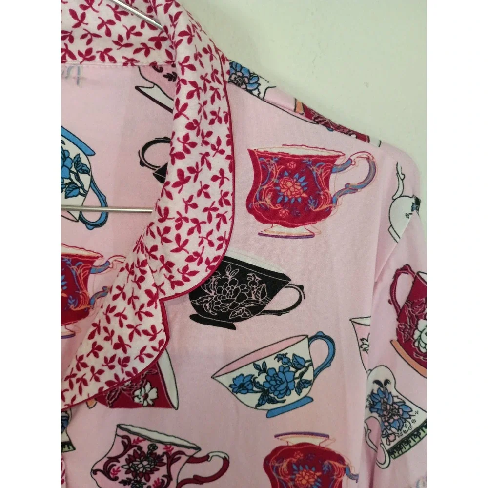 Flora Nikrooz Pink Tea Time Teacup Print Pajama Top Long‎ Sleeve Button Down M